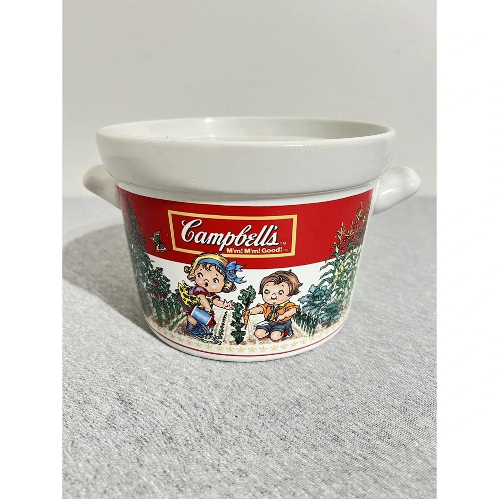 Vintage 1993 Campbell's Kids Soup Crock Bowl White Handles Westwood Thailand